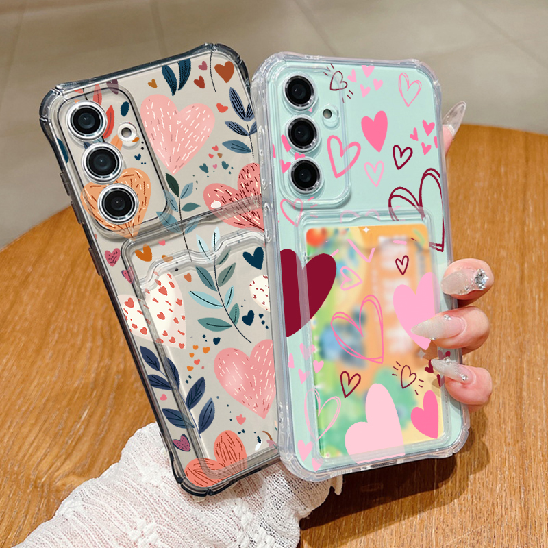 Phone Cases With Wallet - Love Heart Leaves Pattern Clear Phone